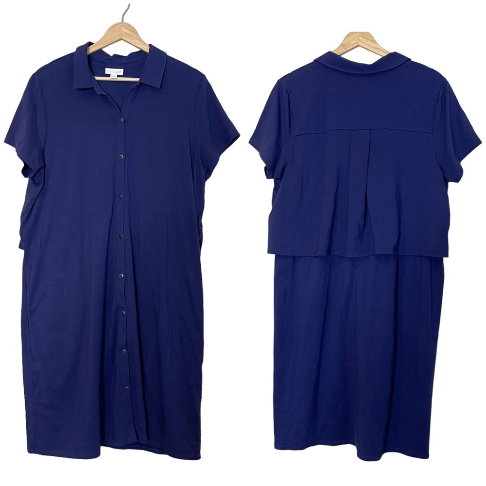 J. Jill Layered Back Button Front Stretch Knit Shirt Dress Size L Blue Pockets